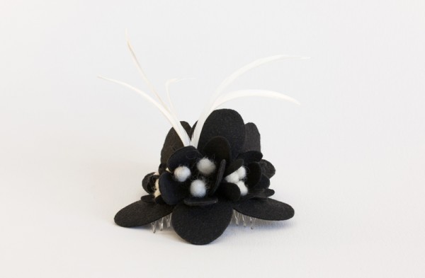 black and white fascinator with feathers